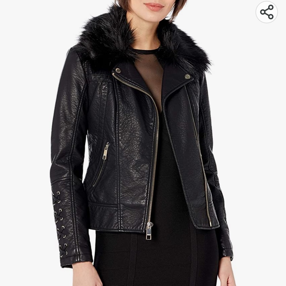 Guess Women’s Leather Moto Jacket with removable faux fur trim